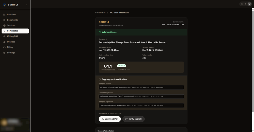 Scripli Human Authenticity Certificate — proof of human authorship